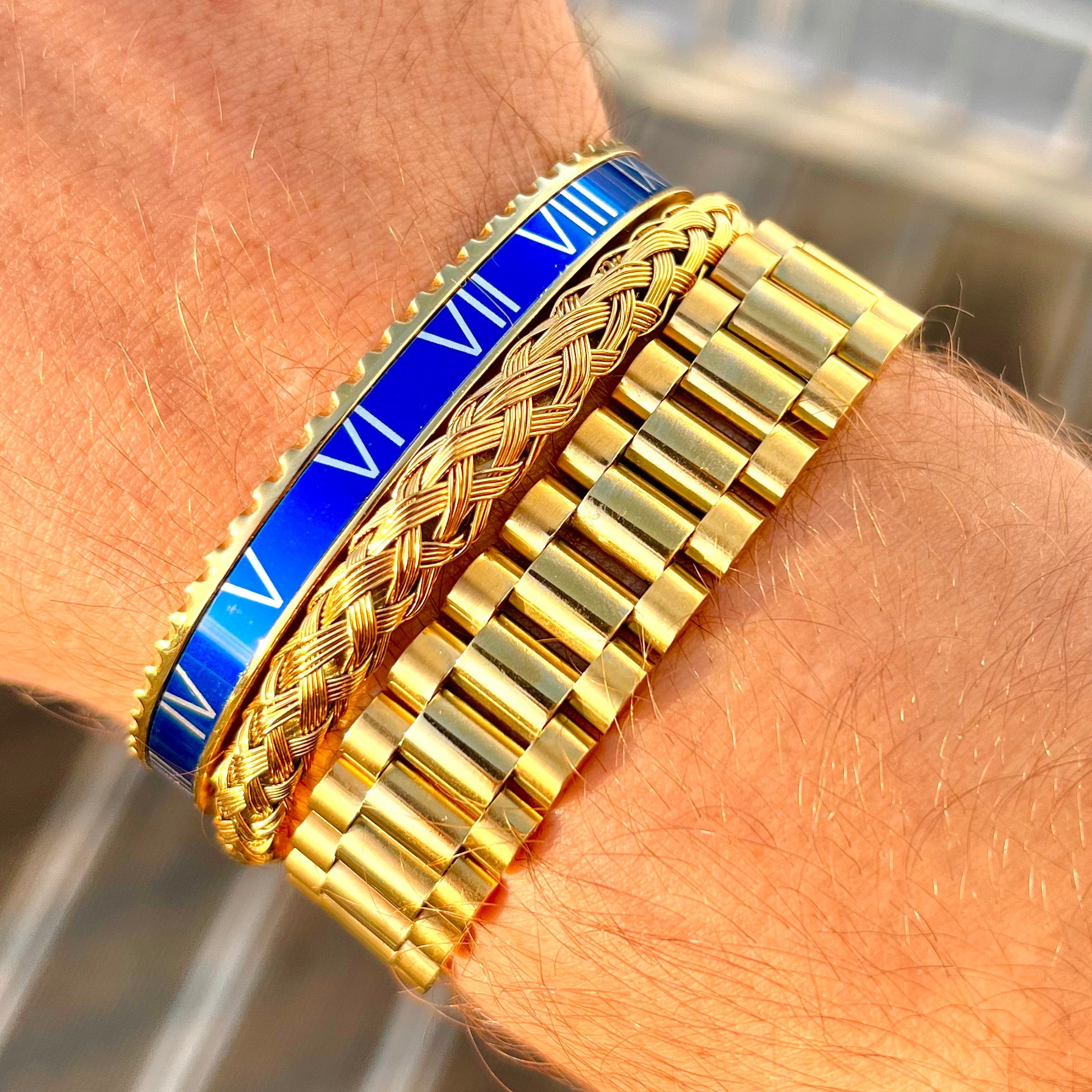 Roman Speed Armband – Gold-Blau Bezel-Stil