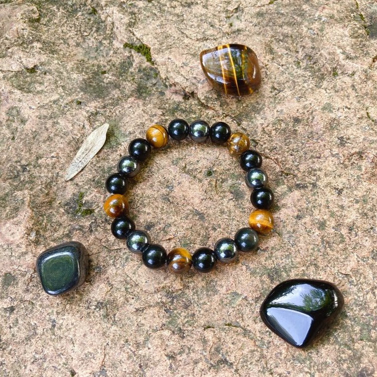 DREIFACHER SCHÜTZER Tigerauge - Hämatit - Schwarzer Obsidian