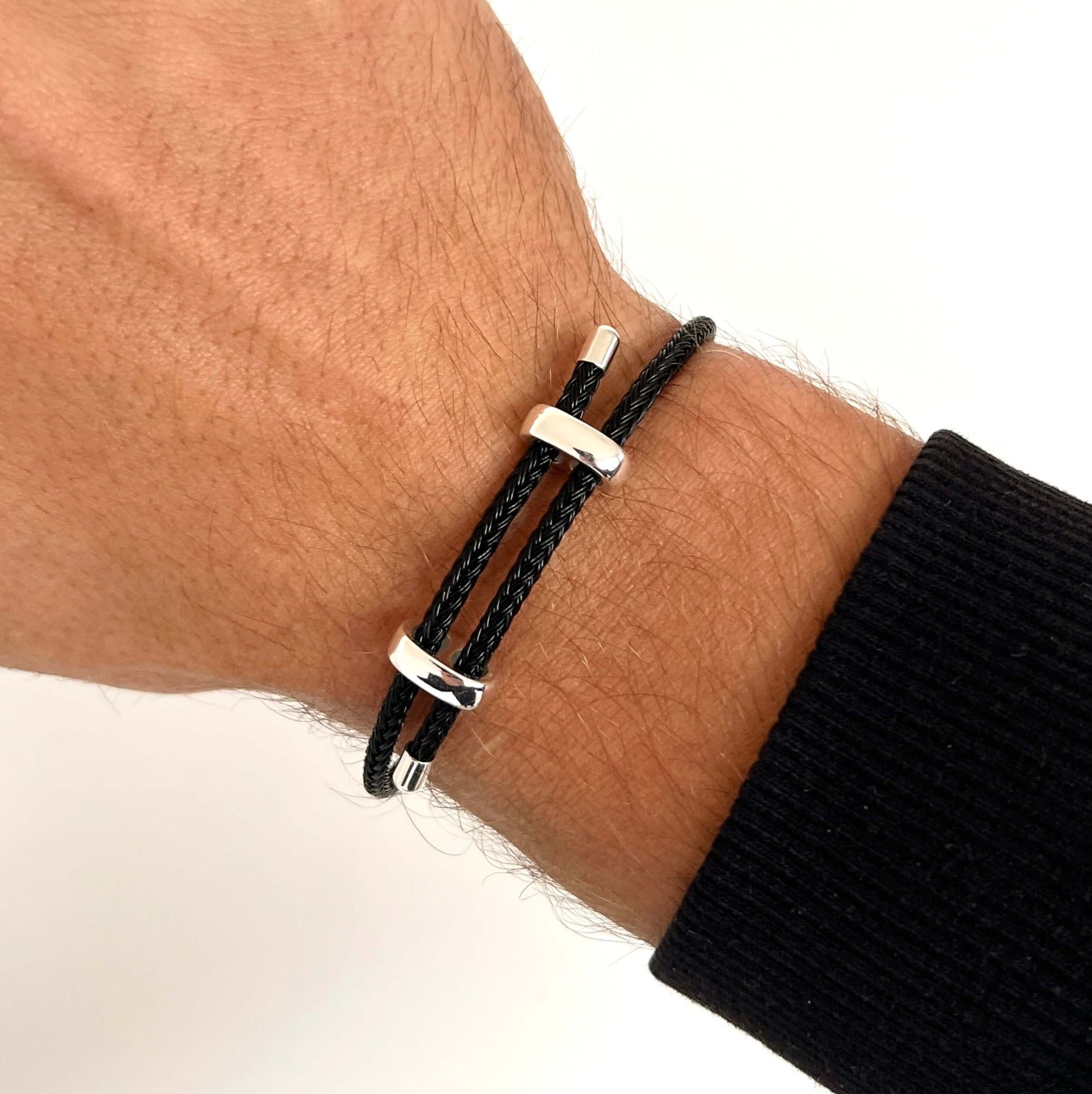 Woven steel rope armband silver black
