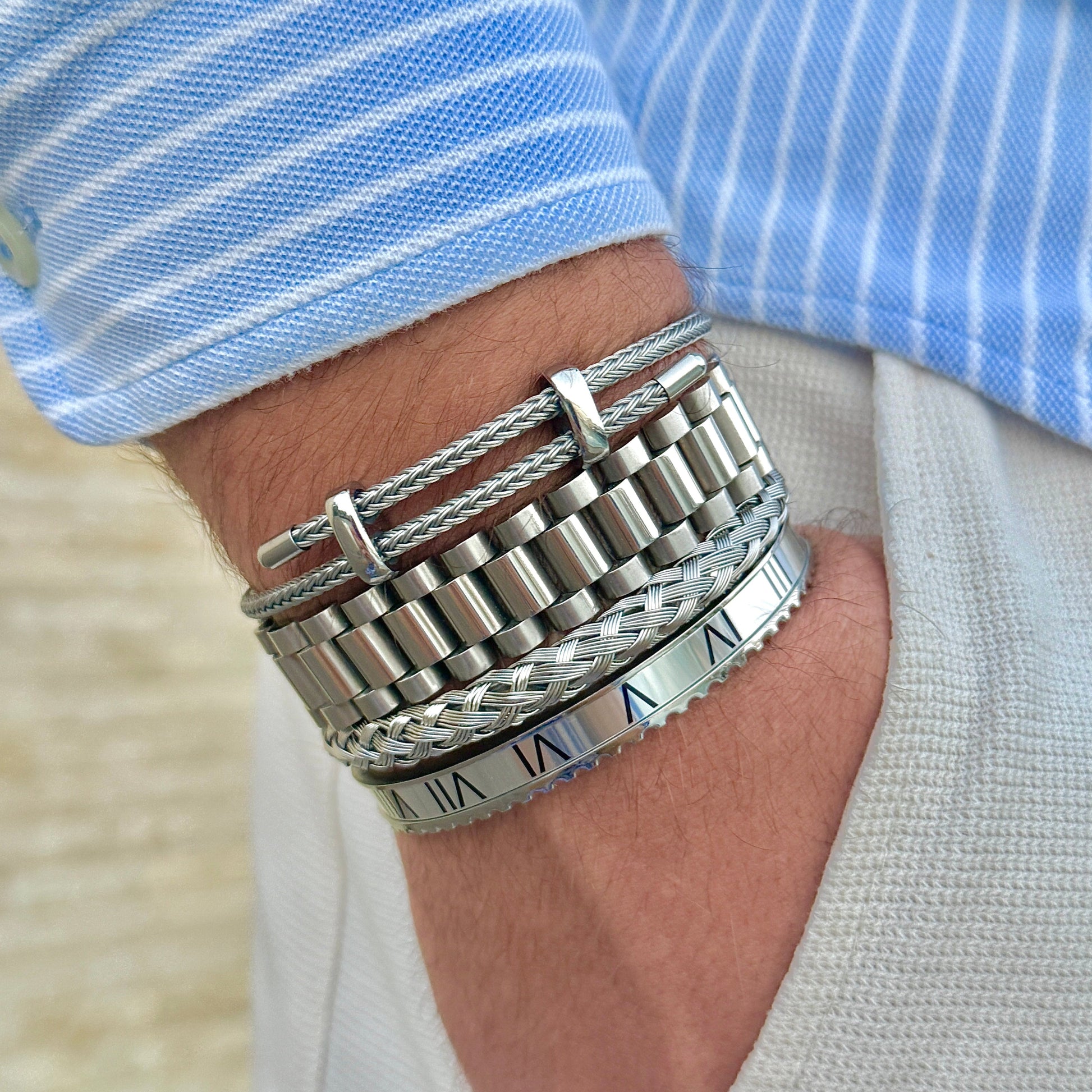 Woven steel rope armband silver edition