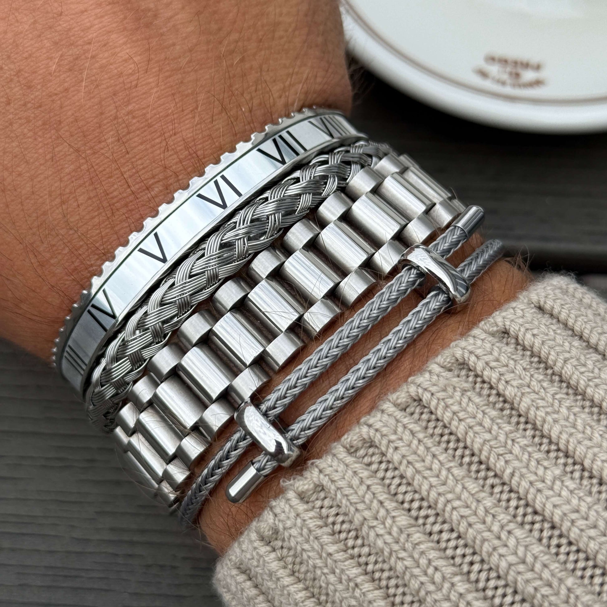 Woven steel rope armband silver edition