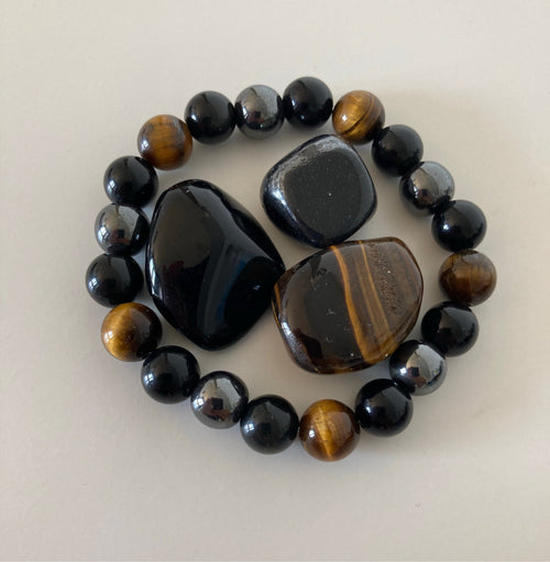 Dreifacher Schützer Tigerauge - Hämatit - Schwarzer Obsidian